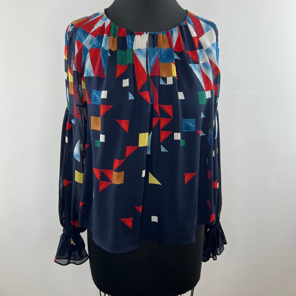 JOIE Navy Blue Geometric Print Round Neck Burella Silk Peasant Blouse Top Sz XXS